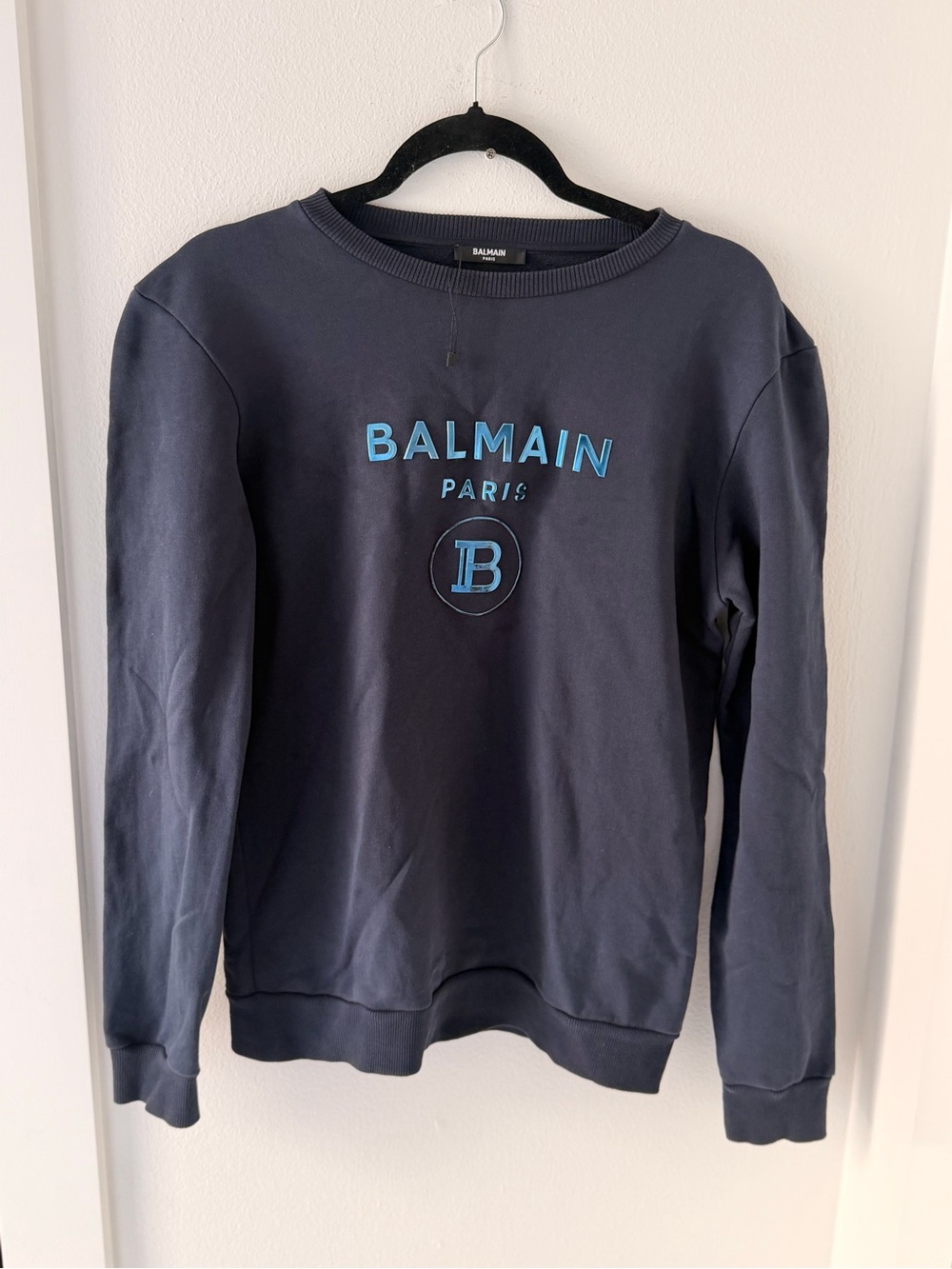 BALMAIN PARIS Sweater Navy Blue Raised Logo Crew Neck Jumper Men's Size Small 16